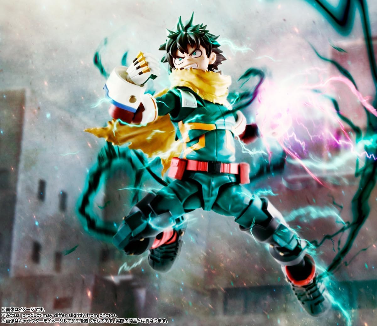 Green and yellow tamashii nations my hero academia izuku midoriya s.h.figuarts action figure in dynamic pose with lightning effects