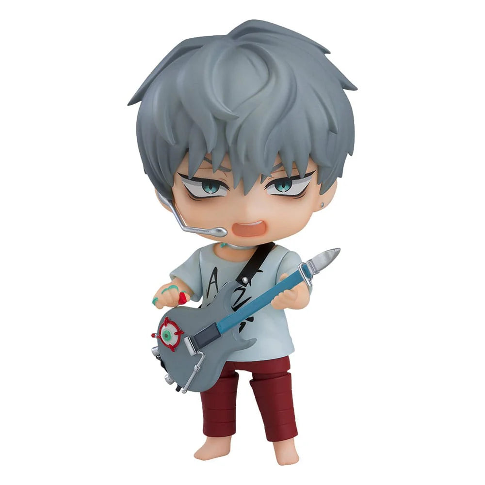Collectible action figure of a gray-haired chibi with green eyes wearing gray t-shirt red pants holding blue electric guitar