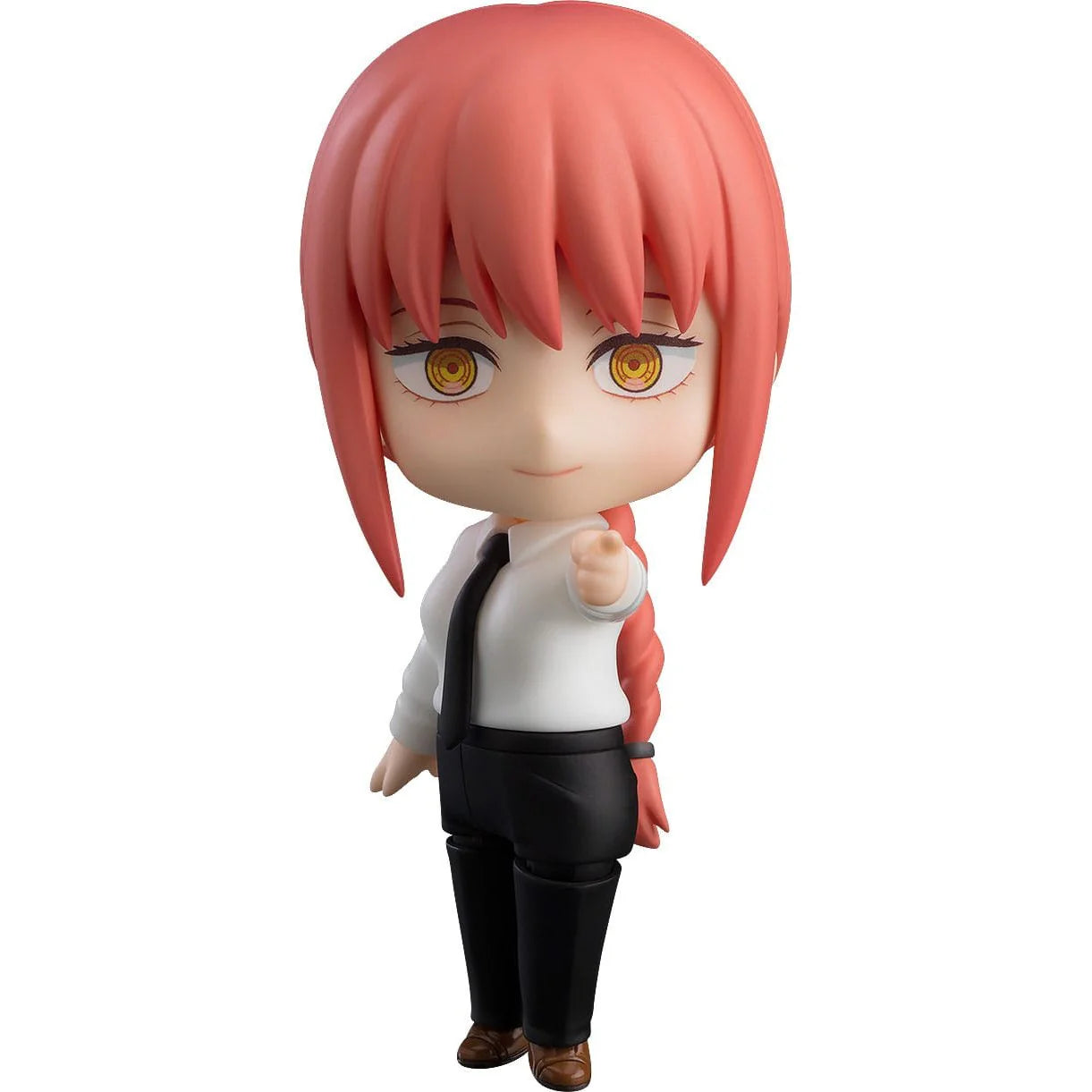 Chibi-style action figure makima with short pink hair, golden eyes, white shirt, and black pants