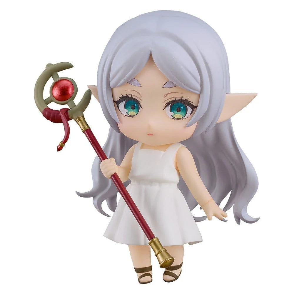 Chibi-style action figure frieren apprentice era ver 10cm with long silver hair white dress and red gold staff