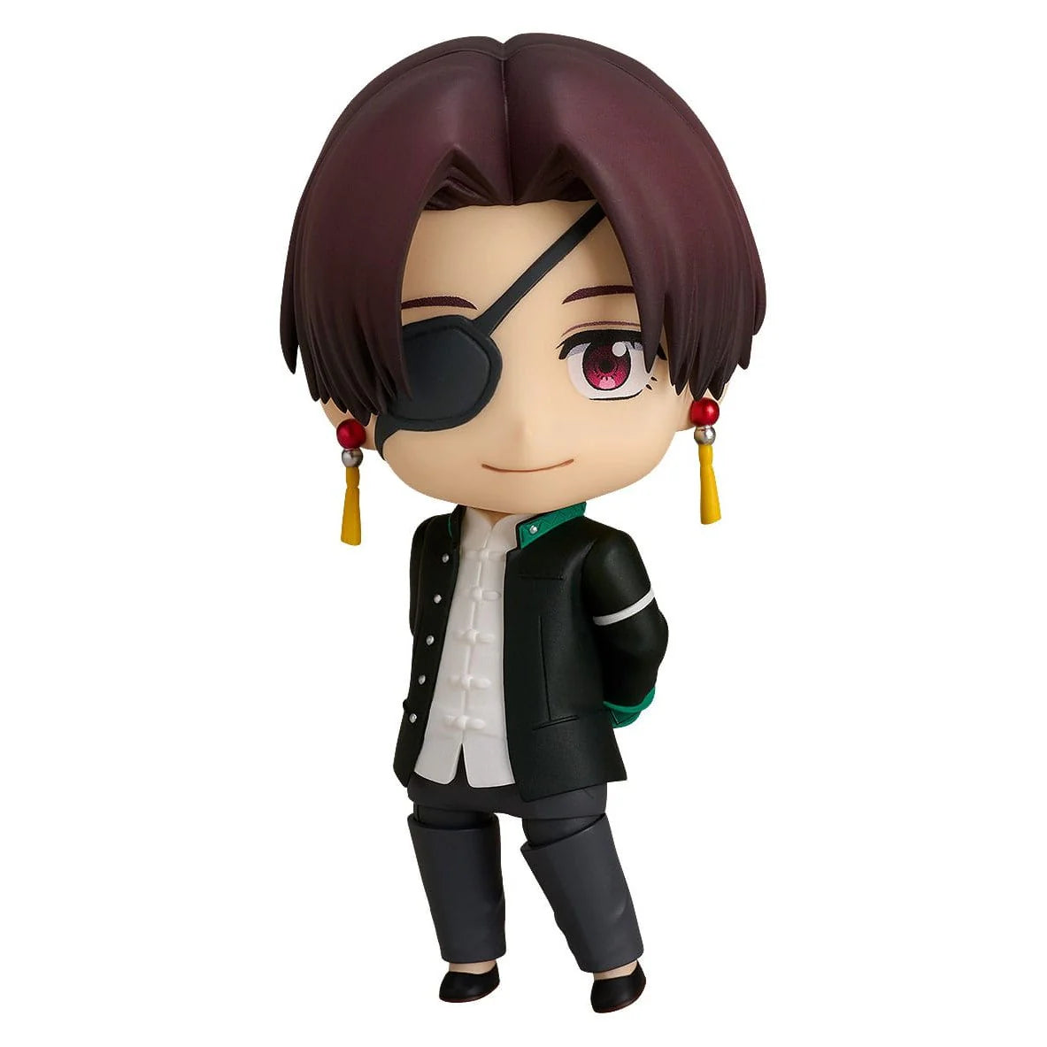Chibi-style mini figure hayato suo with short dark brown hair eyepatch red-tasseled earrings black jacket green trim