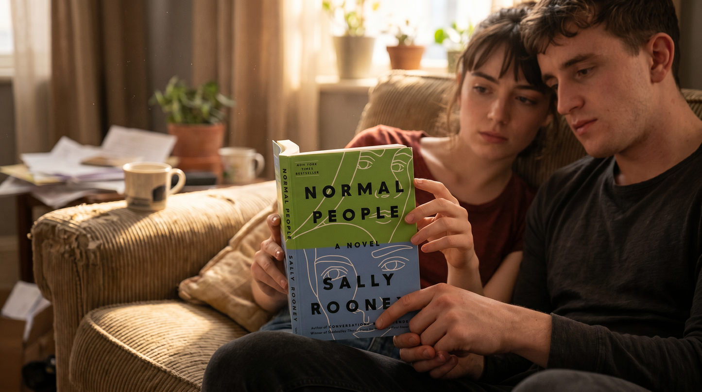Normal People novel held by two readers on a cozy couch