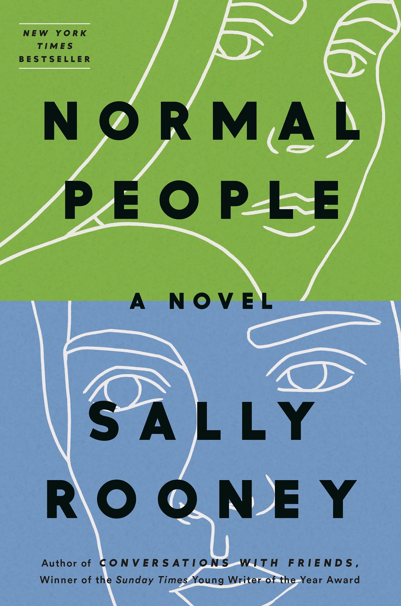 Normal People book cover with green and blue split, abstract white faces.
