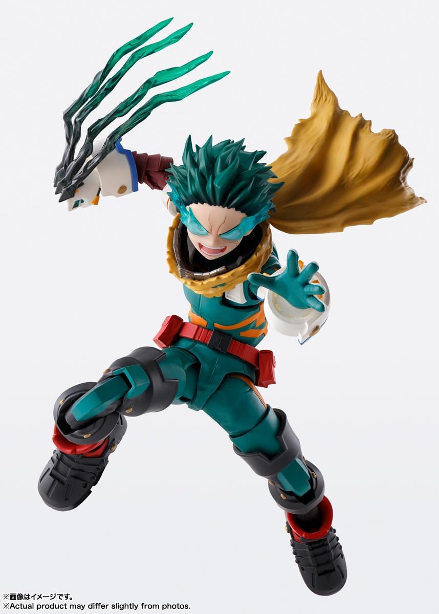 Teal and black tamashii nations my hero academia izuku midoriya s h figuarts action figure with green hair and gold cape