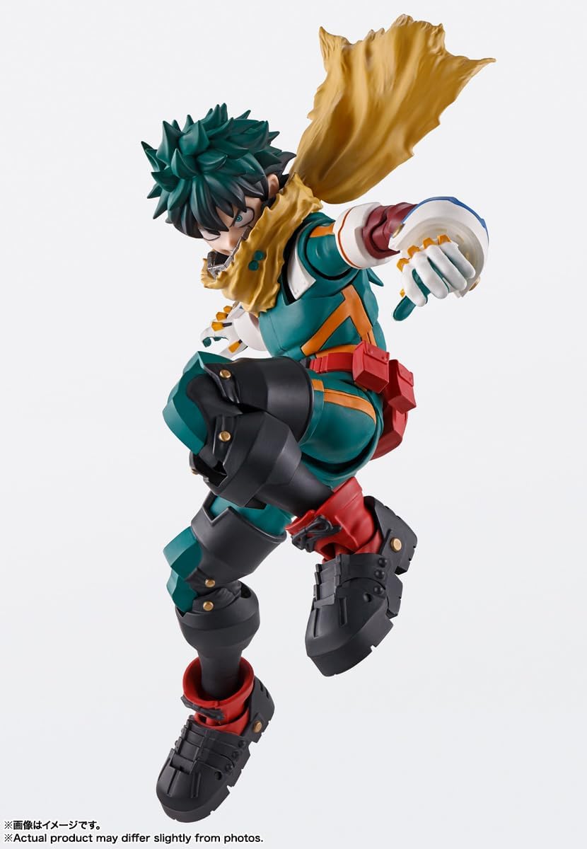 Tamashii nations my hero academia izuku midoriya shfiguarts action figure with green hair golden cape and teal hero suit