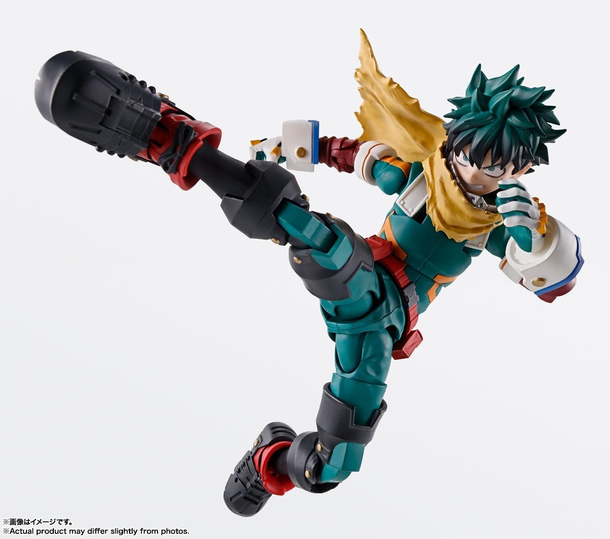 Tamashii nations my hero academia izuku midoriya green-haired action figure in teal red suit with yellow cape posing dynamically
