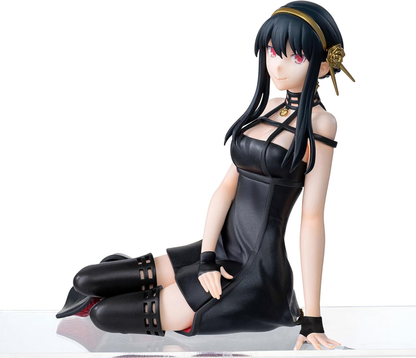 Sega spy x family pm perching statue yor forger in black leather dress with gold accents and rose hairpin featuring thigh-high boots